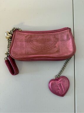 Juicy Couture Y2K Pink Metallic Leather Wristlet Clutch Heart Mirror Charm